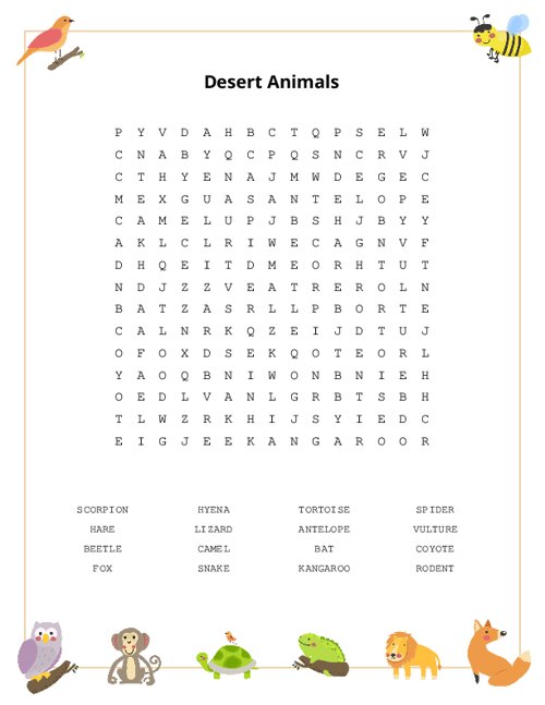 Desert Animals Word Search Puzzle