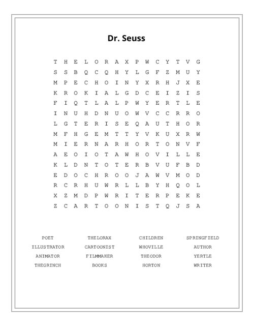 Dr. Seuss Word Search Puzzle