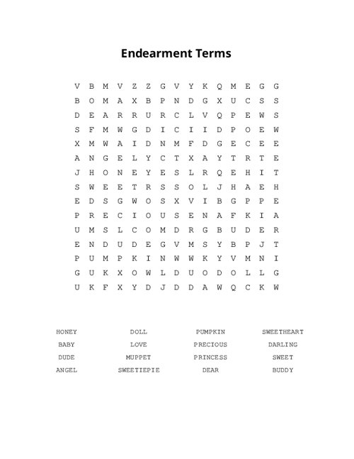 Endearment Terms Word Search Puzzle
