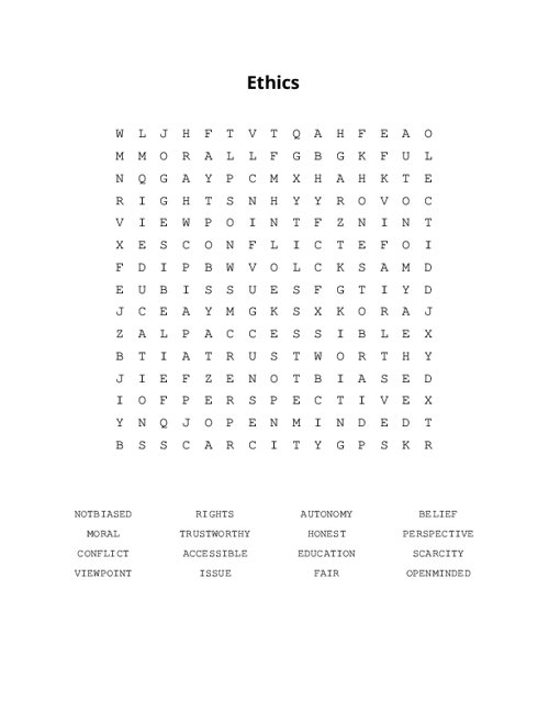 Ethics Word Search Puzzle