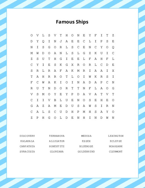 Famous Ships Word Search Puzzle