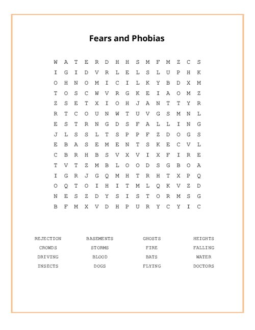 Fears and Phobias Word Search Puzzle