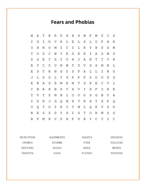 Fears And Phobias Word Search