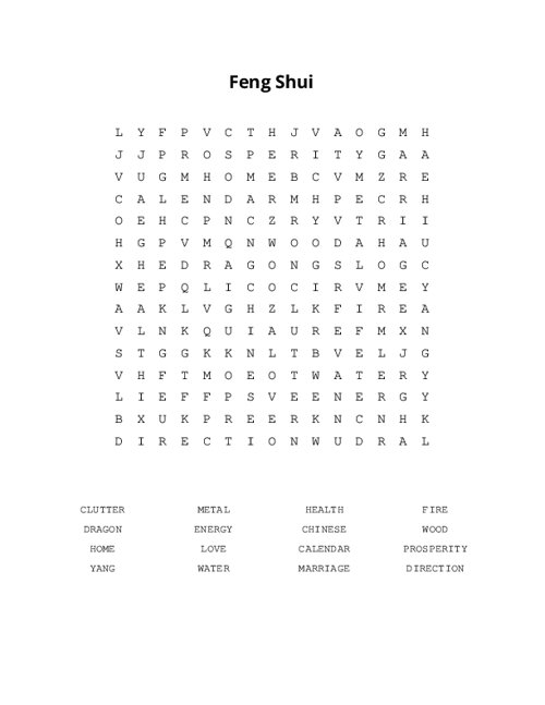 Feng Shui Word Search Puzzle
