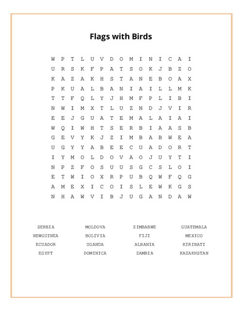 Flags with Birds Word Search Puzzle