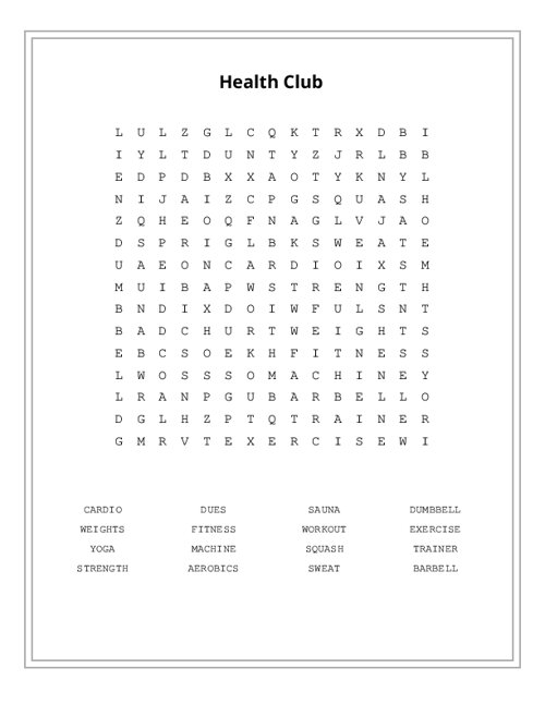 Health Club Word Search Puzzle