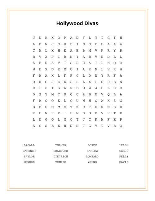 Hollywood Divas Word Search Puzzle