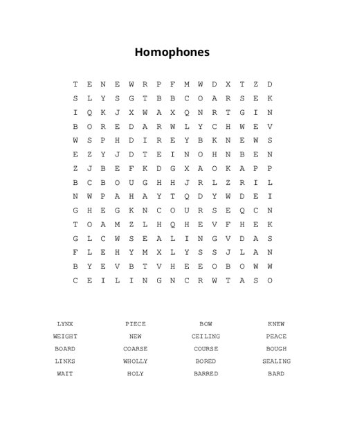 Homophones Word Search Puzzle