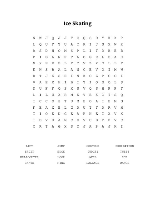 Ice Skating Word Search Puzzle