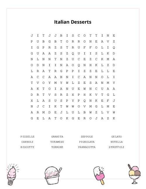 Italian Desserts Word Search Puzzle