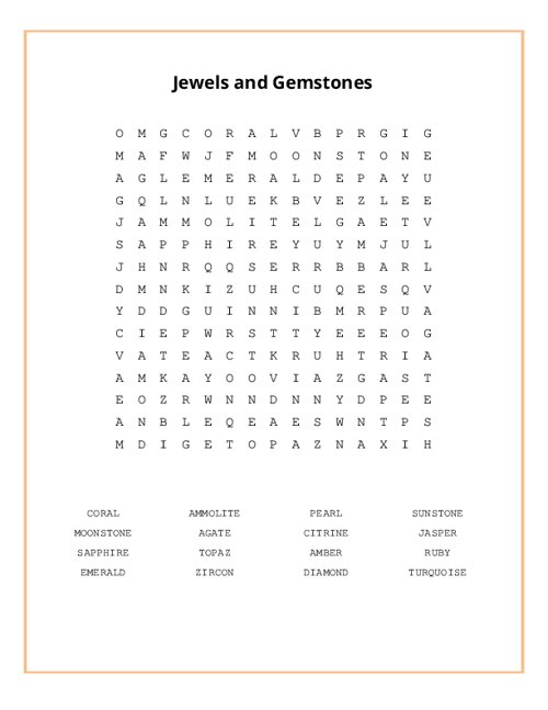 Jewels and Gemstones Word Search Puzzle