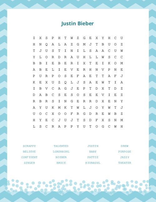 Justin Bieber Word Search Puzzle