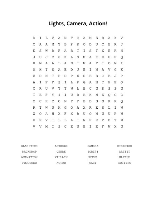 Lights, Camera, Action! Word Search Puzzle