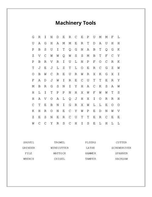 Machinery Tools Word Search Puzzle