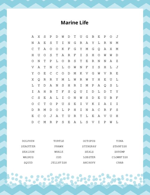 Marine Life Word Search Puzzle