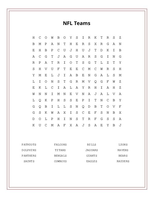 NFL Teams Word Search Puzzle
