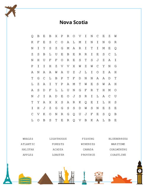 Nova Scotia Word Search Puzzle
