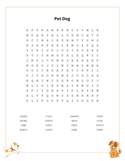 Pet Dog Word Search Puzzle