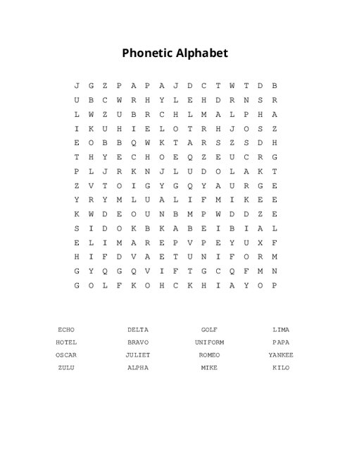 Phonetic Alphabet Word Search Puzzle
