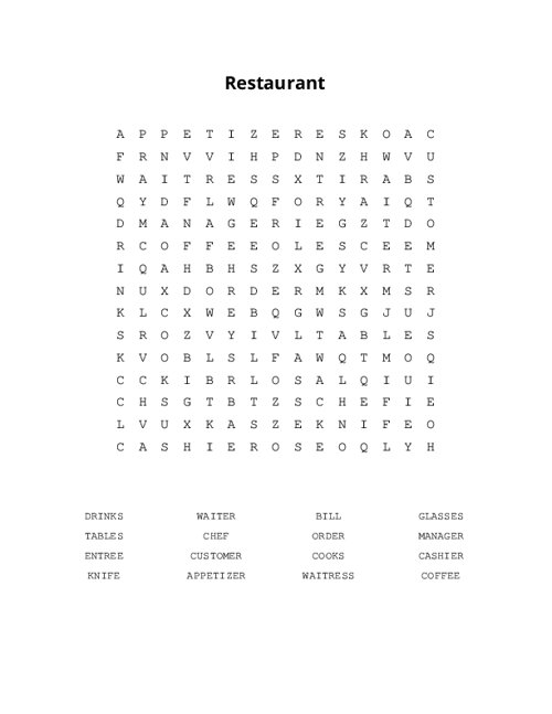 Restaurant Word Search Puzzle
