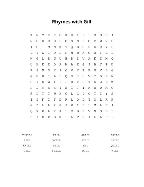 Rhymes with Gill Word Search Puzzle
