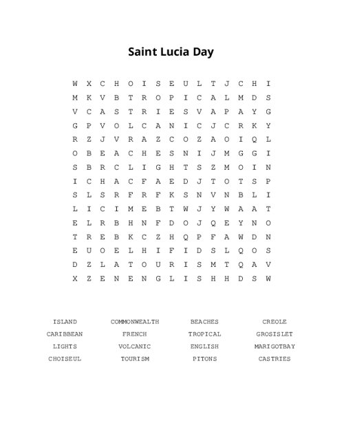 Saint Lucia Day Word Search Puzzle