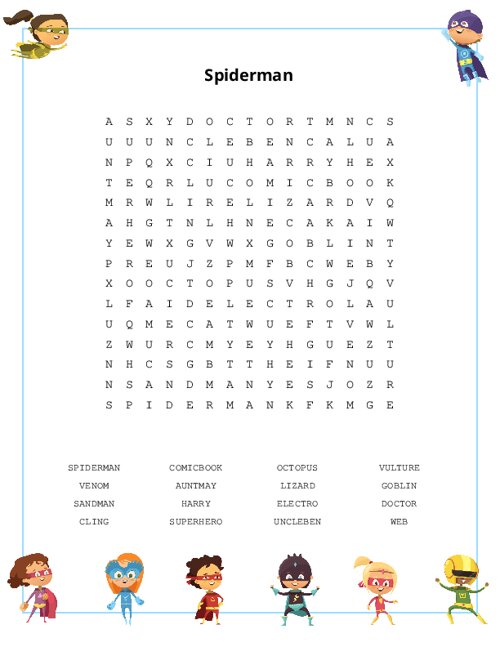 Spiderman Word Search Puzzle