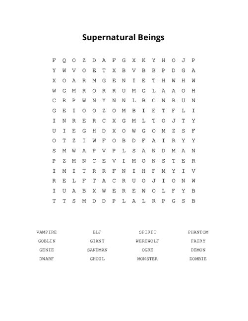 Supernatural Beings Word Search Puzzle