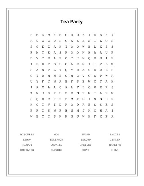 Tea Party Word Search Puzzle
