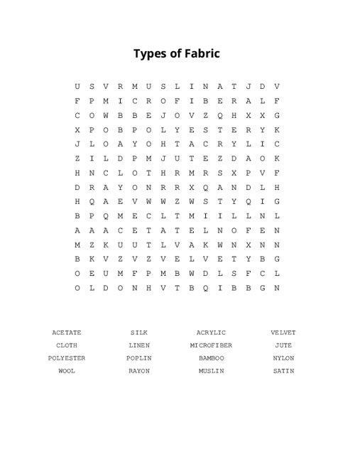 Types of Fabric Word Search Puzzle
