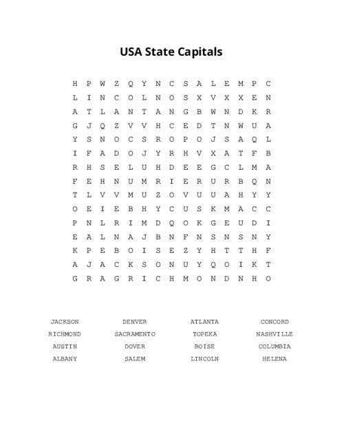 USA State Capitals Word Search Puzzle