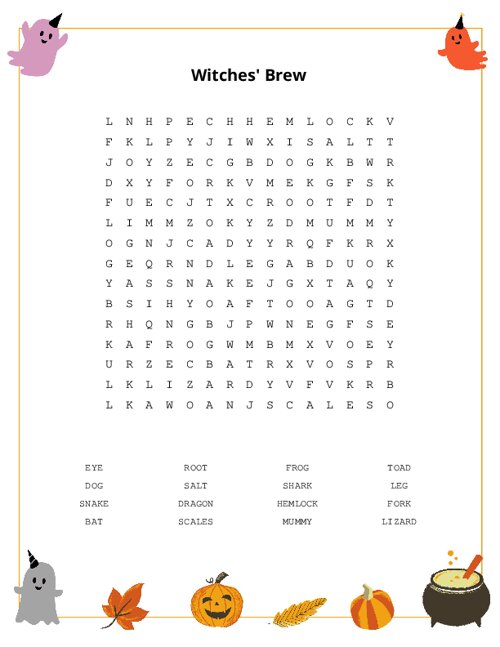 Witches' Brew Word Search Puzzle
