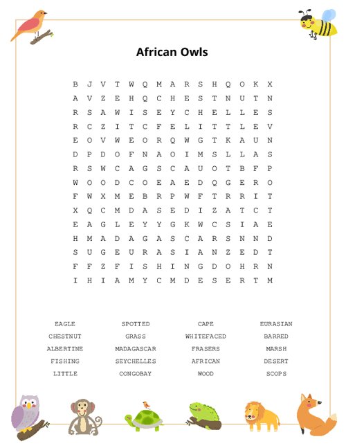 African Owls Word Search Puzzle