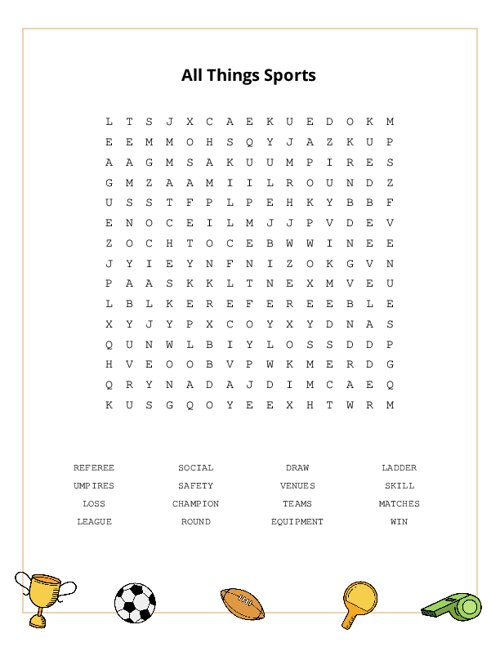 All Things Sports Word Search Puzzle