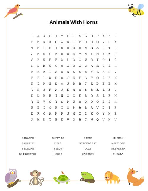 Animals With Horns Word Search Puzzle