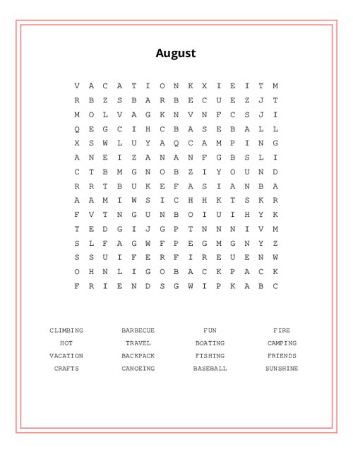 August Word Search Puzzle