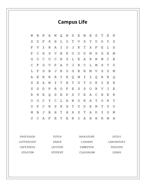 Campus Life Word Search Puzzle