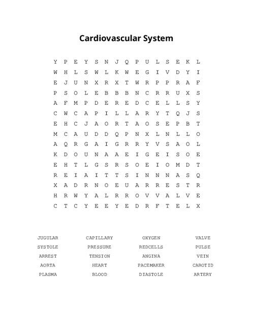 Cardiovascular System Word Search
