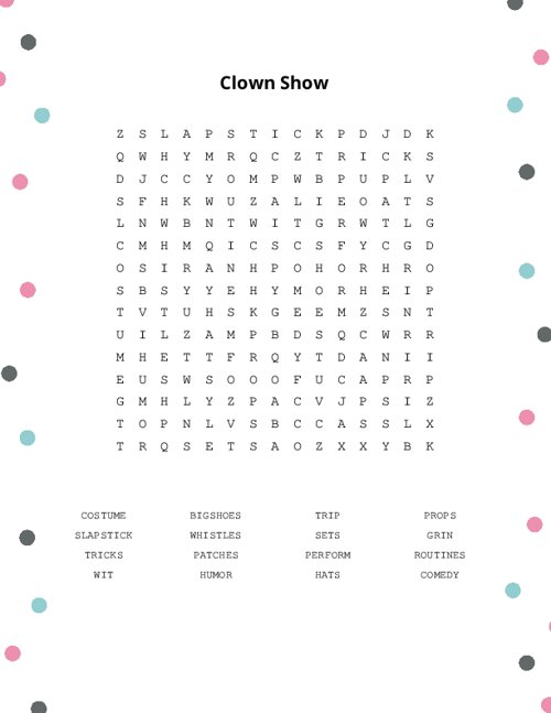 Clown Show Word Search Puzzle