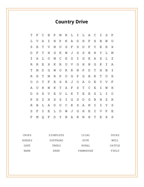 Country Drive Word Search Puzzle
