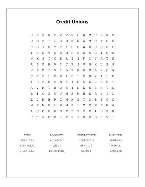 Credit Unions Word Search Puzzle