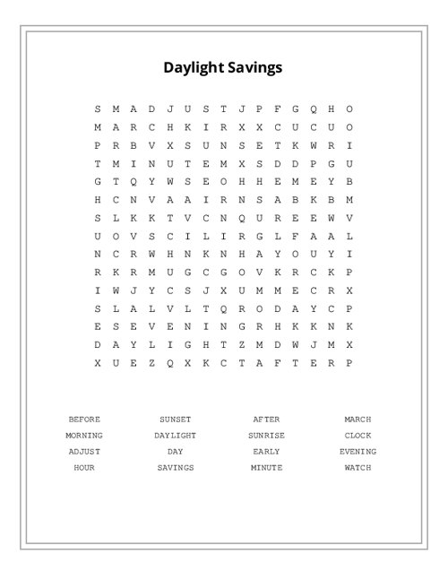 Daylight Savings Word Search Puzzle