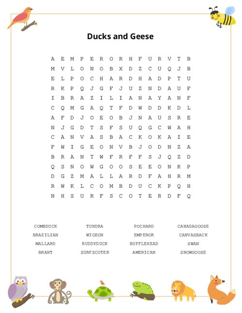 Ducks and Geese Word Search Puzzle