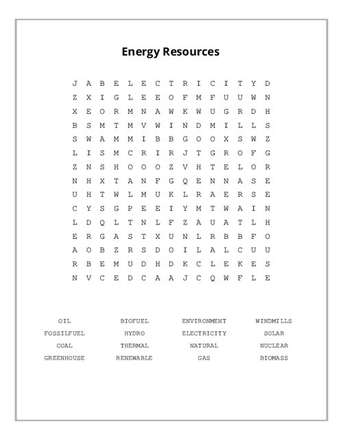 Energy Resources Word Search Puzzle