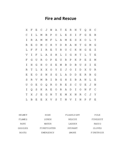 Fire and Rescue Word Search Puzzle