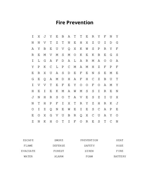 Fire Prevention Word Search Puzzle