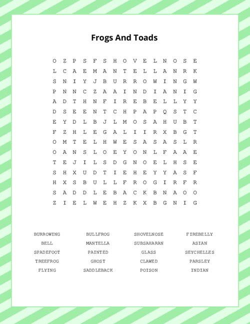 Frogs And Toads Word Search Puzzle