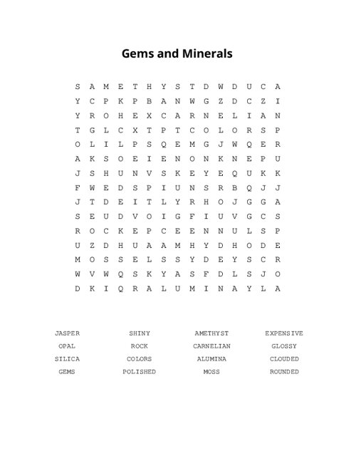Gems and Minerals Word Search Puzzle