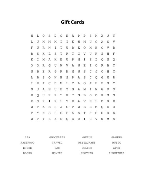 Gift Cards Word Search Puzzle