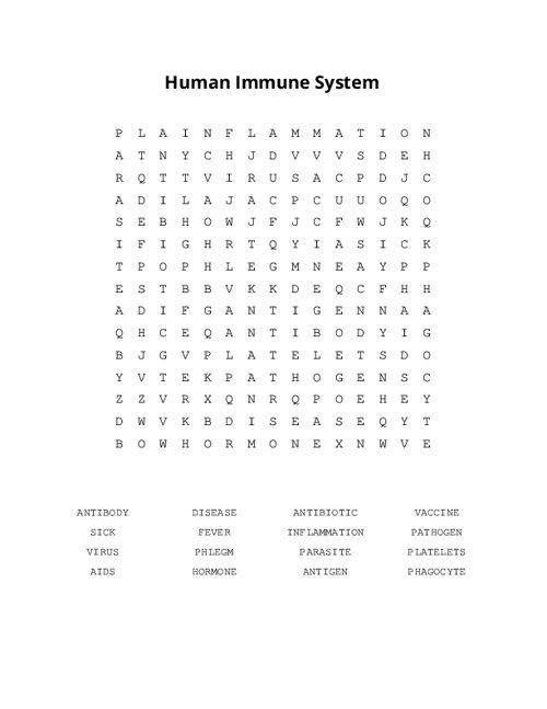 Human Immune System Word Search Puzzle